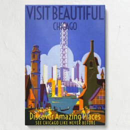 Visit Chicago - Retro Riverfront and Skyline Travel Poster