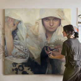Woman Holding a Small Bird and Flowers Square Canvas Wall Art