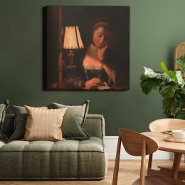 Woman Reading by a Paper-Bell Shade Square Canvas Wall Art