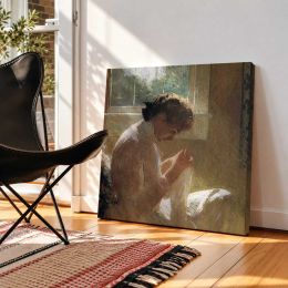 Woman Sewing by a Window Square Canvas Wall Art