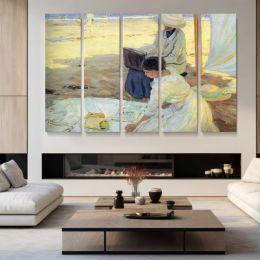 Women Sewing beside Sailboats Canvas Wall Art Print