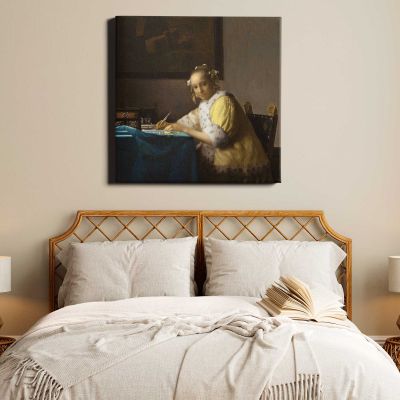 A Lady Writing a Letter (ca. 1665) by Johannes VERMEER Square Canvas Wall Art