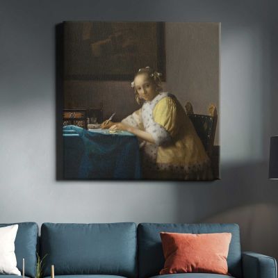 A Lady Writing a Letter (ca. 1665) by Johannes VERMEER Square Canvas Wall Art
