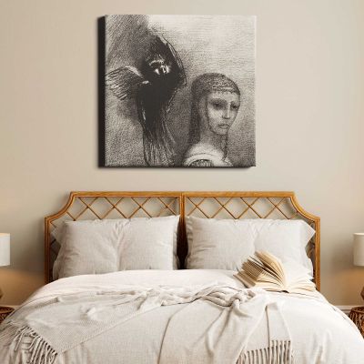 And a Large Bird, Descending From the Sky, Hurls Itself Against the Topmost Point of Her Hair, plate 3 of 10 by Odilon Redon Square Canvas Wall Art