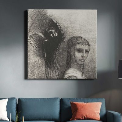 And a Large Bird, Descending From the Sky, Hurls Itself Against the Topmost Point of Her Hair, plate 3 of 10 by Odilon Redon Square Canvas Wall Art