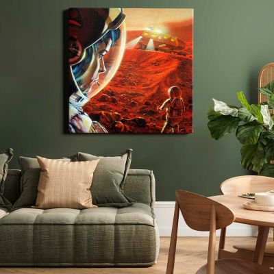 Astronauts walking on Mars during a dust storm (1989) illustrated by NASA/Paul DiMare Square Canvas Wall Art