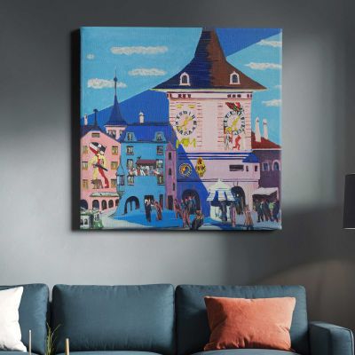 Bern with Belltower (1935) painting in high resolution by Ernst Ludwig Kirchner Square Canvas Wall Art