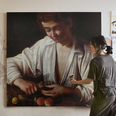 Boy Peeling a Fruit by Caravaggio Square Canvas Wall Art