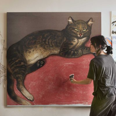 Cat on a Cushion Winter Chromolithograph Square Canvas Wall Art