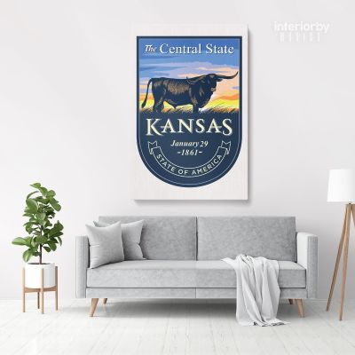 Kansas The Central State of America Emblem Canvas Wall Artwork For Mural Hanging