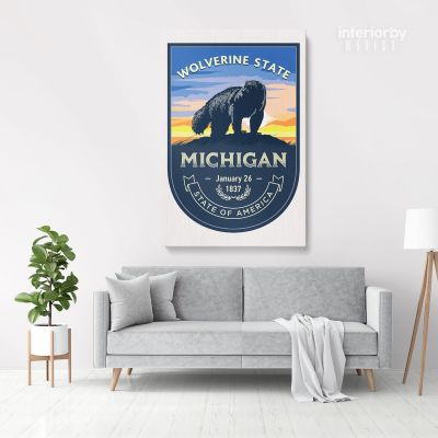 Michigan Wolverine State of America Emblem Canvas Wall Artwork Mural Print