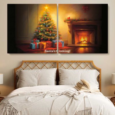 Christmas Tree Beside a Glowing Fireplace Panoramic Wall Art