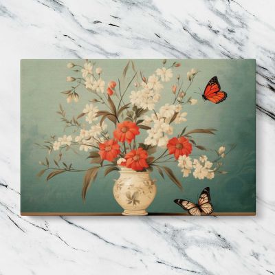 Butterflies and Flowers in a Cream Vase Canvas Wall Art Print