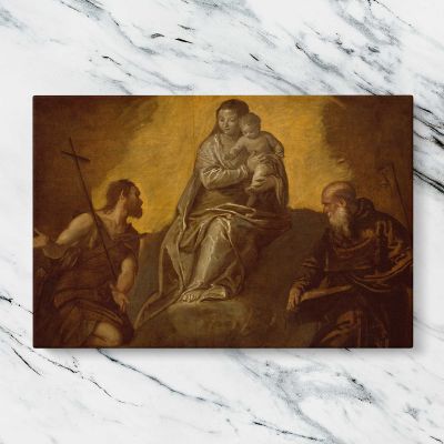 Virgin and Child with Saints John the Baptist and Anthony Abbot by Follower of Paolo Veronese Canvas Wall Art Print