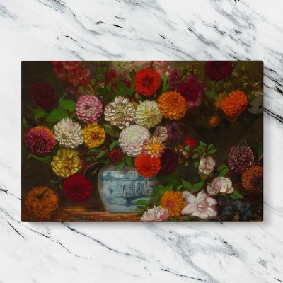 Dahlias in a Blue and White Vase by Eugene Delacroix Canvas Wall Art Print