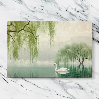 White Swan beneath Willow Trees Canvas Wall Art Print
