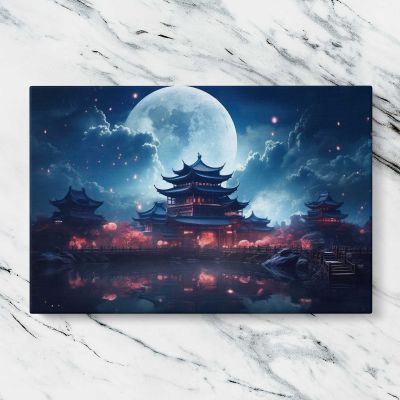 Moonlit Pagoda beneath a Starry Sky Canvas Wall Art Print