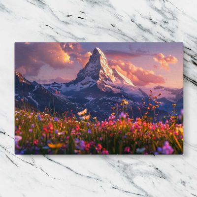 Alpine Mountain and Wildflowers at Sunset Canvas Wall Art Print
