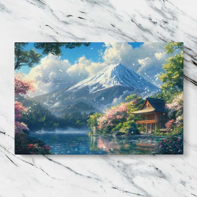 Mount Fuji Lake and Blossom Trees Canvas Wall Art Print