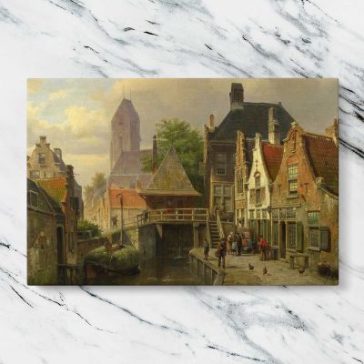 Dutch Canal Town with Brick Houses Canvas Wall Art Print