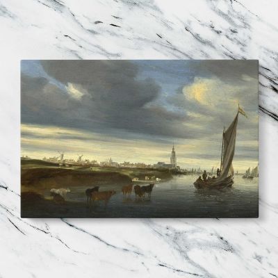 Cattle beside a River with Sailing Boats Canvas Wall Art Print