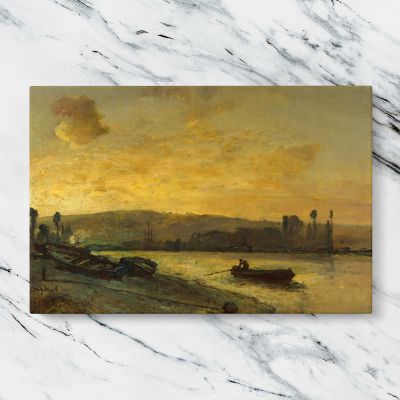 River Town in Golden Evening Light Canvas Wall Art Print