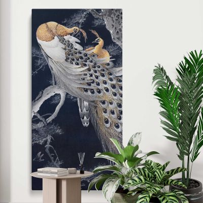 Two peacocks in a tree vintage design remix from original painting by Ohara Koson Canvas Wall Art Print