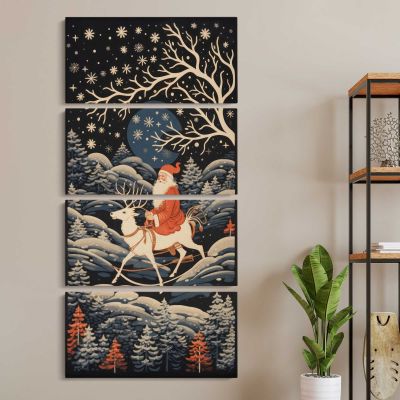 Santa Riding a Reindeer Through a Winter Forest Canvas Wall Art Print