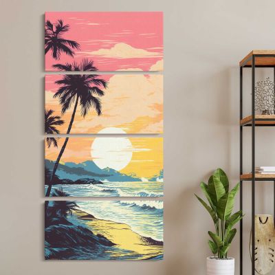 Retro Tropical Beach Sunset Canvas Wall Art Print