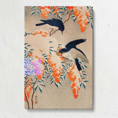 Nandina and Flycatchers in Snow by Ohara Koson Canvas Print