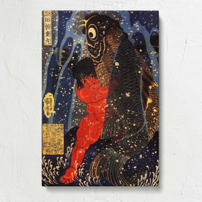 Hero Wrestling a Giant Carp beneath a Waterfall Canvas Print
