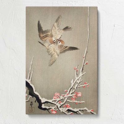 Sparrows and Plum Blossoms by Ohara Koson Canvas Print
