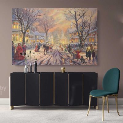 Vintage Christmas Village Scene Winter Holiday Decor Wall Art Print Painting On Framed Canvas