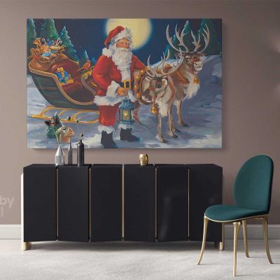 Santa Claus's Reindeer Vintage Winter Village Christmas Scene wall art On Canvas Wall Art