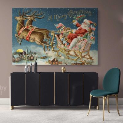 Christmas Santa Claus's Reindeer Village Scene Decor Wall Art Print Painting On Framed Canvas