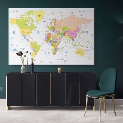 Colored political World Map isolated With White Background World Map Wall Art World Canvas Wall Art
