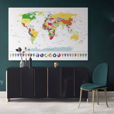Highly Detailed Political World Map With Globes And Navigation Icons Wall Art World Canvas Wall Art