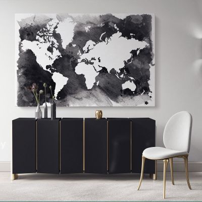Black With White Water Color World Map Large Canvas Nursery Playroom Wall Art Office Canvas Wall Art