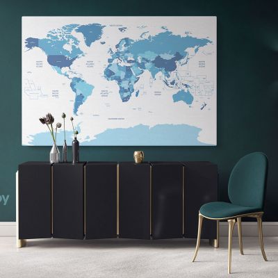 Blue Shades Detailed Official World Map Atlas Geography Political Canvas Wall Art
