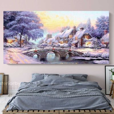 Vintage Winter Christmas Village Scene Holiday Decor Wall Art Print Painting Framed Canvas