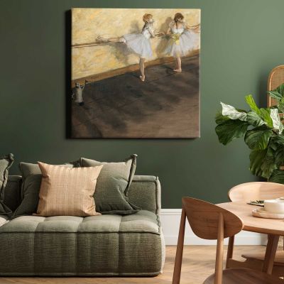 Dancers Practicing at the Barre (1877) painting in high resolution by EDGAR DEGAS Square Canvas Wall Art
