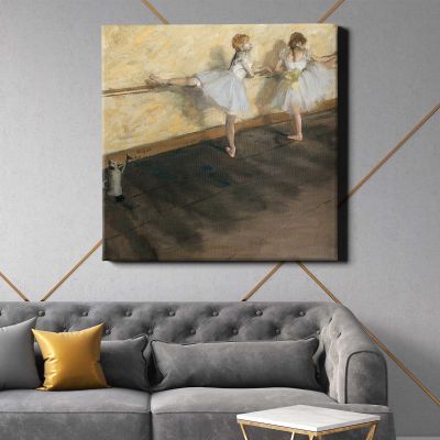 Dancers Practicing at the Barre (1877) painting in high resolution by EDGAR DEGAS Square Canvas Wall Art