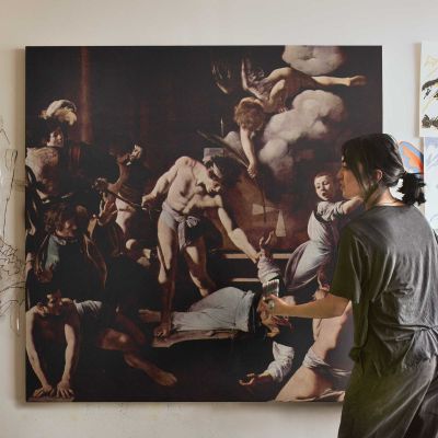 Dramatic Biblical Scene by Caravaggio Square Canvas Wall Art