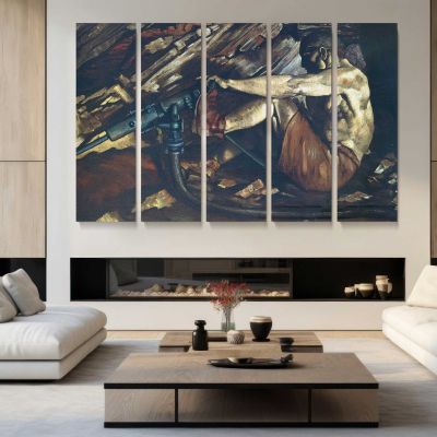 Fallen Figure beside Machinery Canvas Wall Art Print