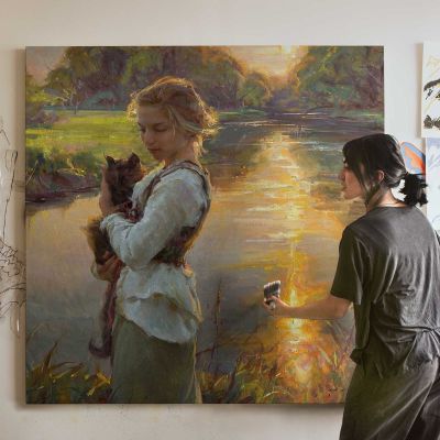 Girl Holding a Black Cat by the Water Square Canvas Wall Art