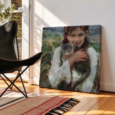 Girl Holding a Cat by Daniel Gerhartz Square Canvas Wall Art