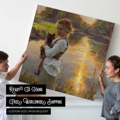 Girl Holding a Cat by the Water by Daniel Gerhartz Square Canvas Wall Art