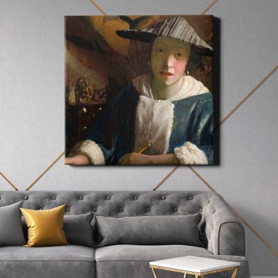Girl with a Flute (ca. 1665–1675) attributed by Johannes VERMEER Square Canvas Wall Art