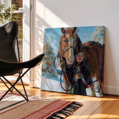 Girl with a Horse in Winter Square Canvas Wall Art