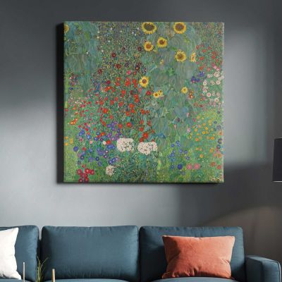 Gustav Klimt Farm Garden with Sunflowers (1907) Square Canvas Wall Art